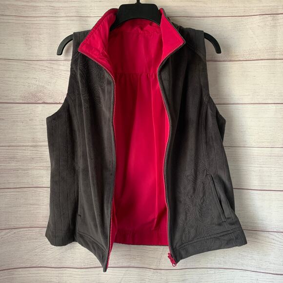 Charcoal Gray and Pink Reversible Zip Up Vest Fleece Embroidered Floral - Picture 2 of 16